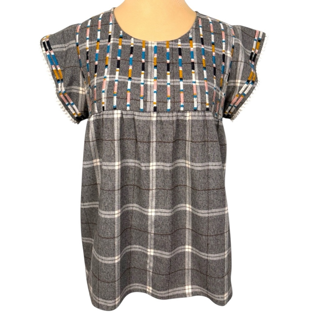 THML Gray Cream Plaid Embroidered Boho Top Blouse Size Small EUC